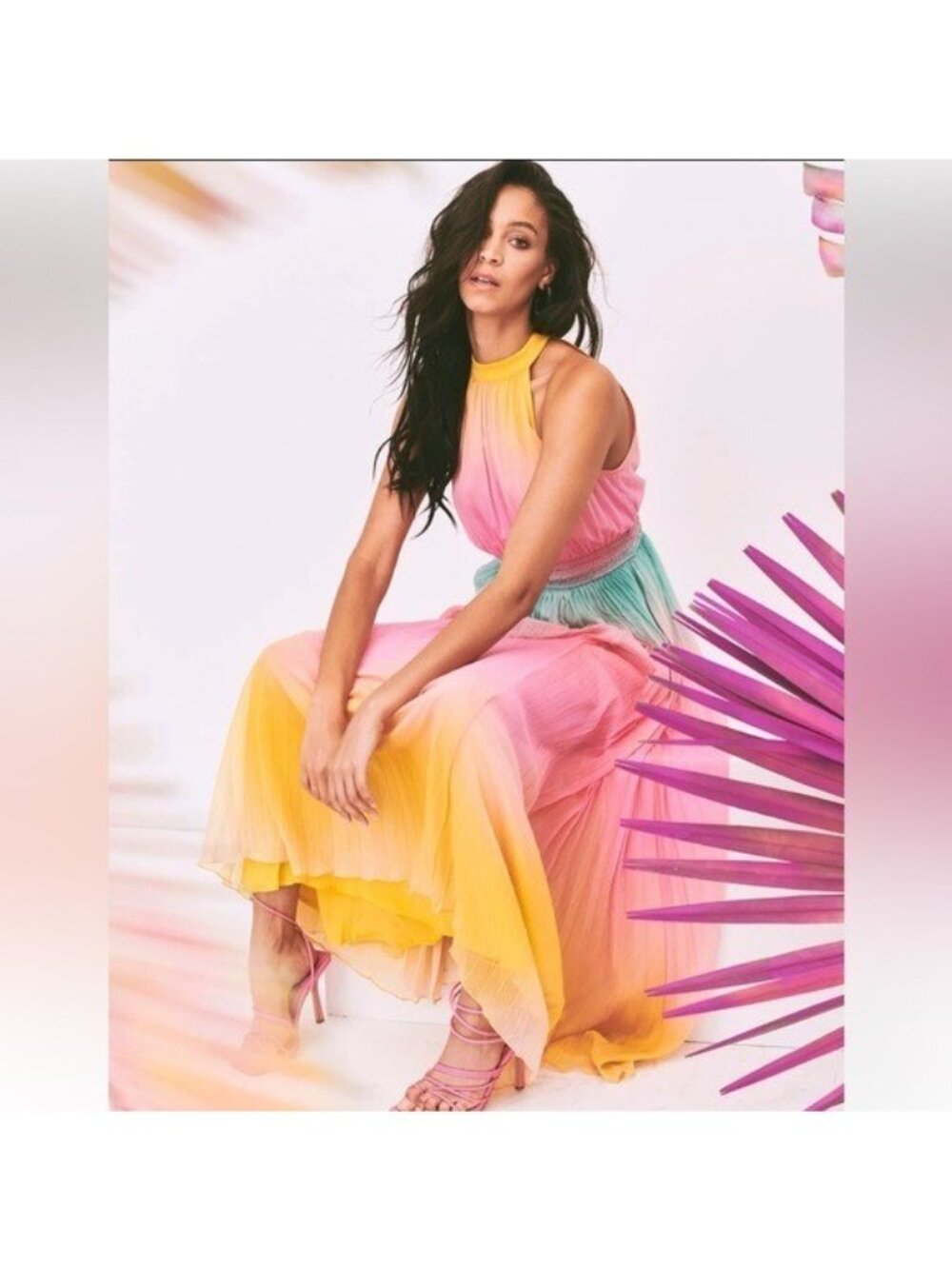 Rococo Sand Zale Halter Maxi Dress Sz M Pink Rainbow Ombre Boho Coastal Vacay - Picture 4 of 13
